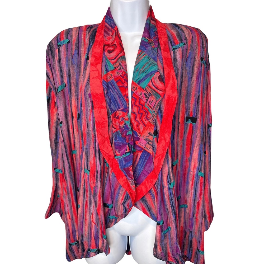 VTG Componix Womens Red Abstract Open Front Kimono Jacket Sz S Art to Wear 80s